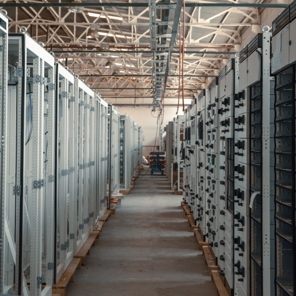 Aisle between equipment racks in a server room