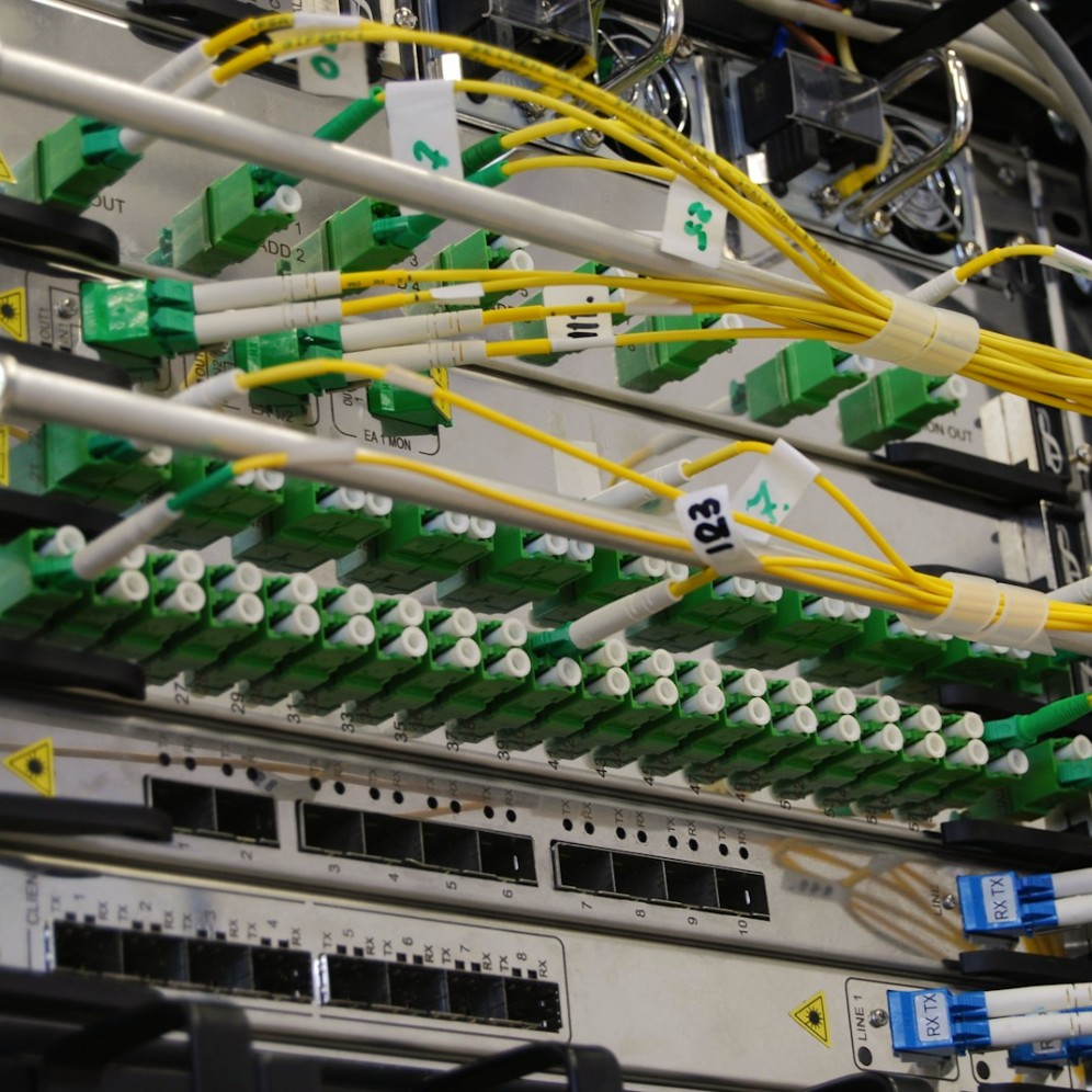 Fibre optic cables connected to a network switch
