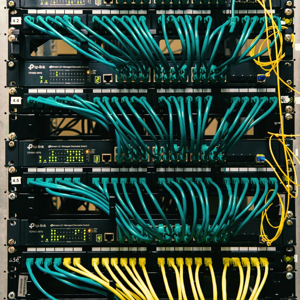 Server racks with cabling running between them